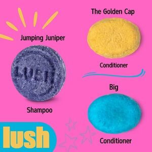 Lush Bars, Jumping Juniper Shampoo x2, The Golden Cap & Big Conditioner Bars